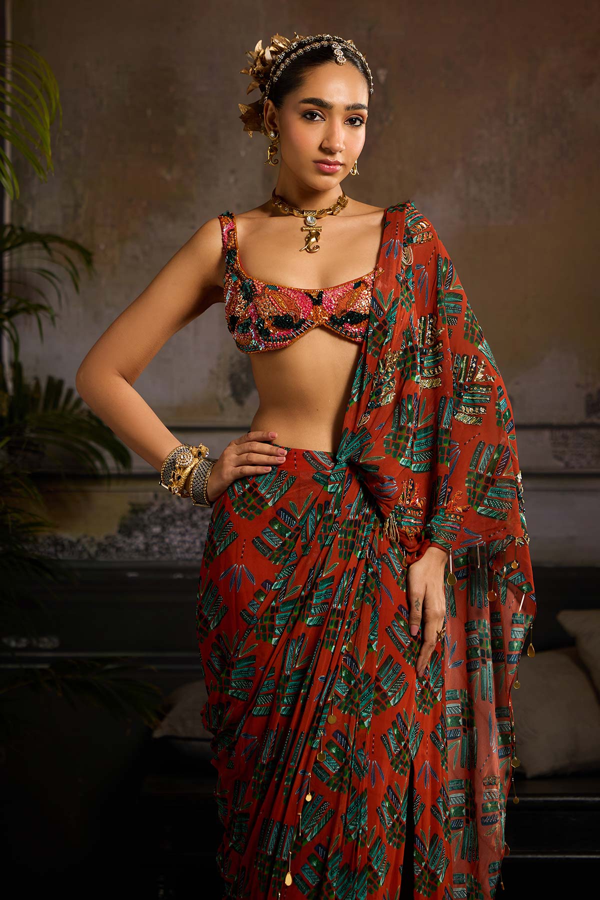 Rust Print and Highlighted Draped Saree Set