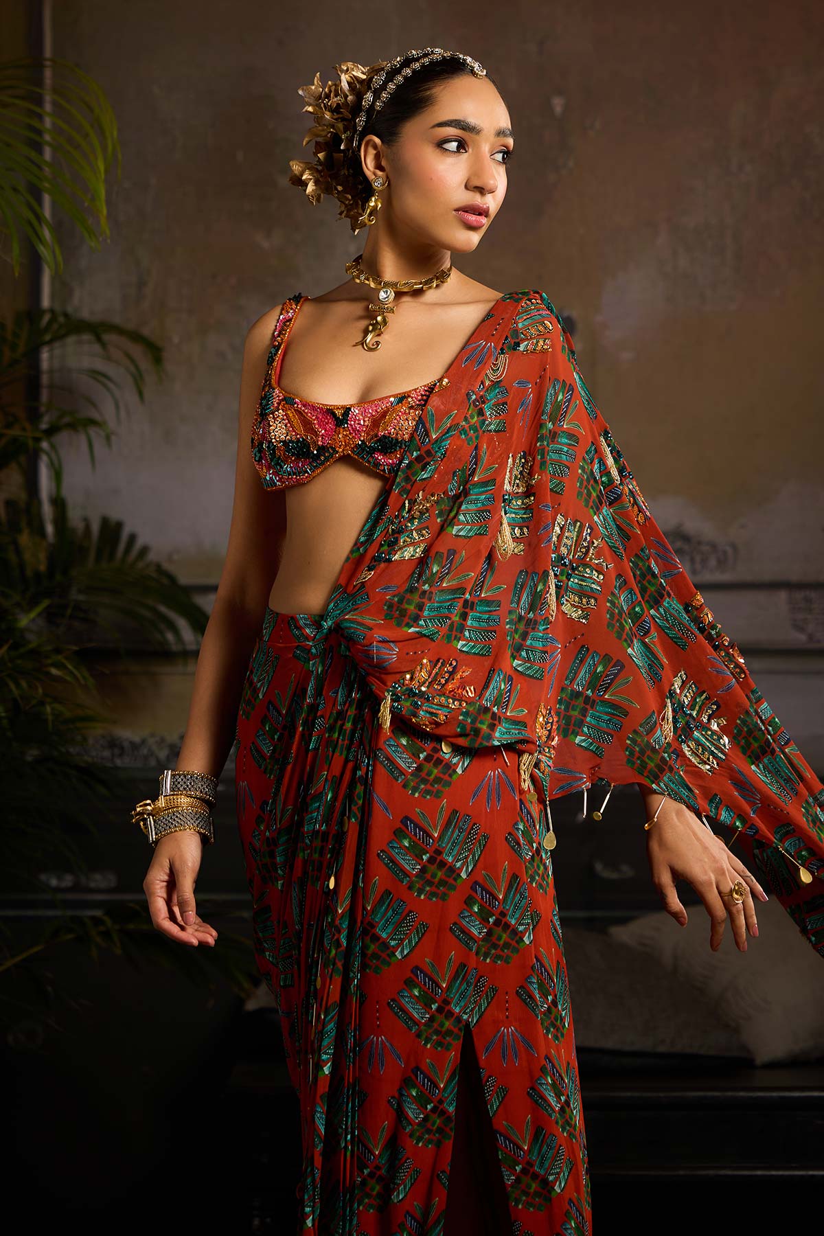 Rust Print and Highlighted Draped Saree Set