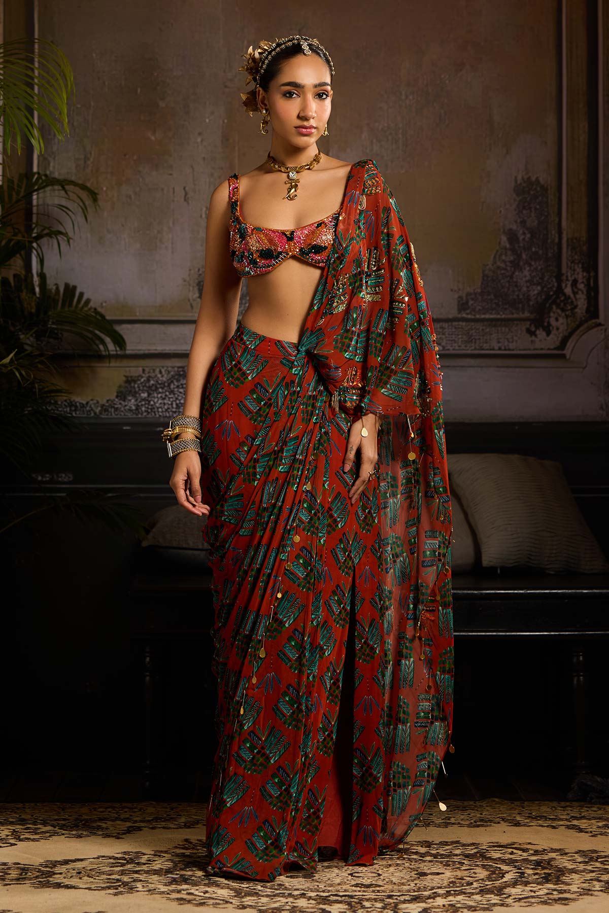 Rust Print and Highlighted Draped Saree Set