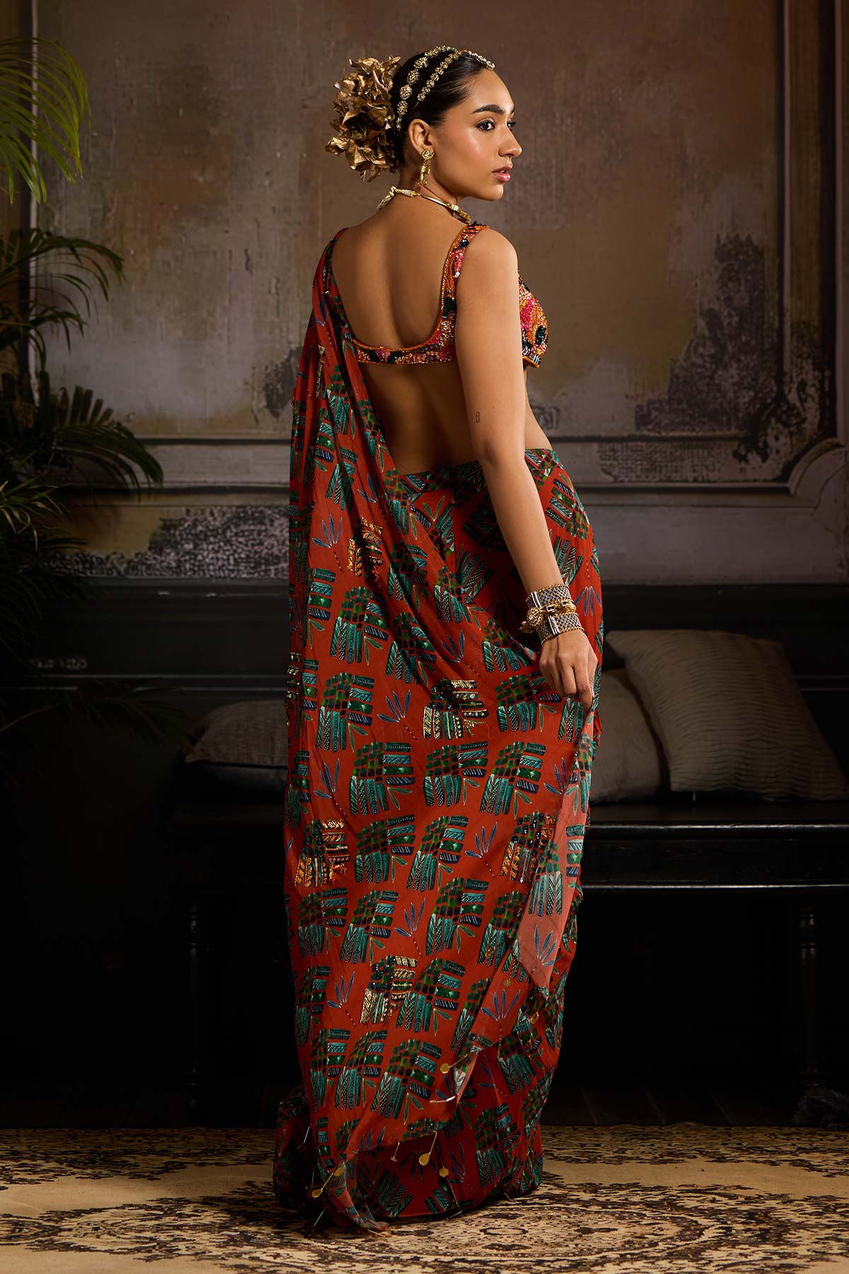 Rust Print and Highlighted Draped Saree Set