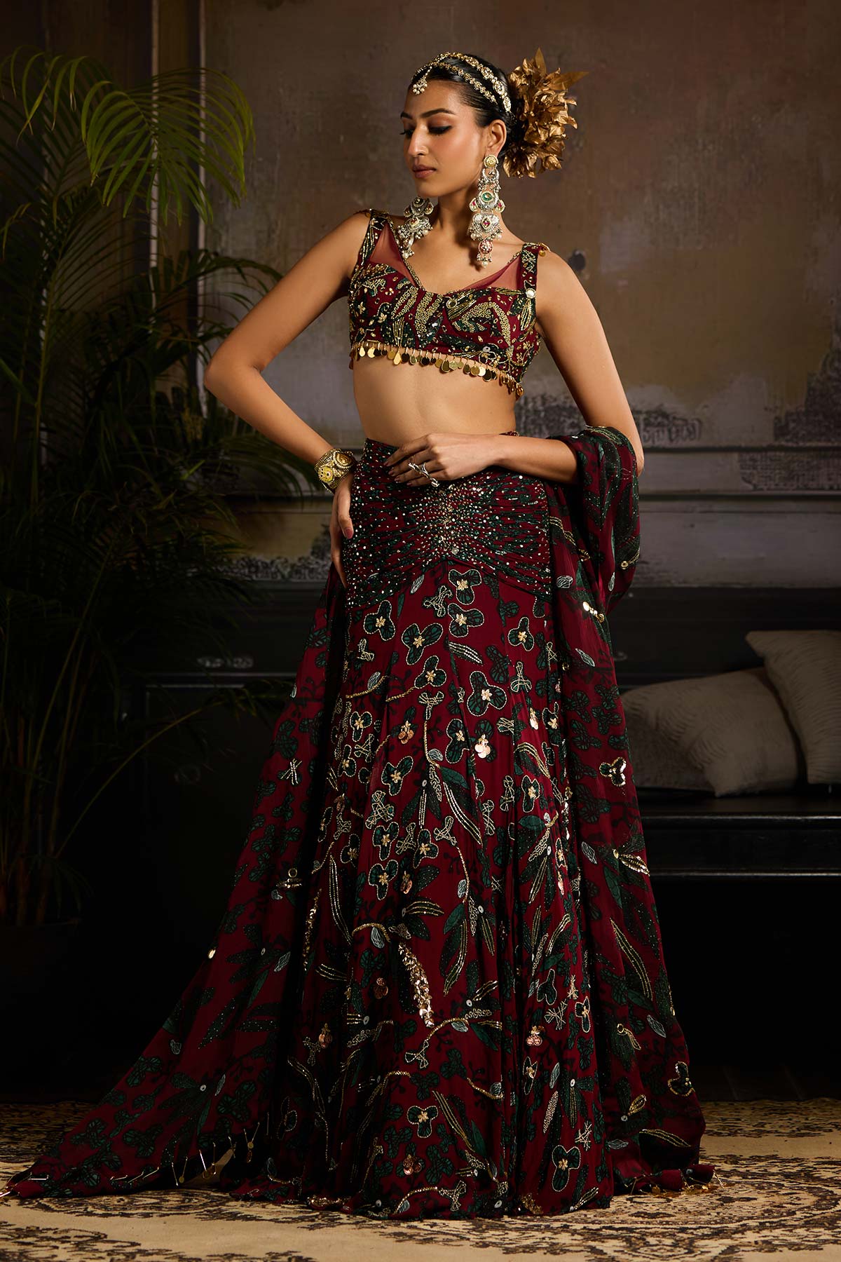 Wine Print and Highlighted Lehenga Set