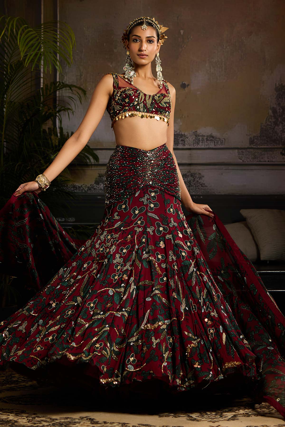 Wine Print and Highlighted Lehenga Set