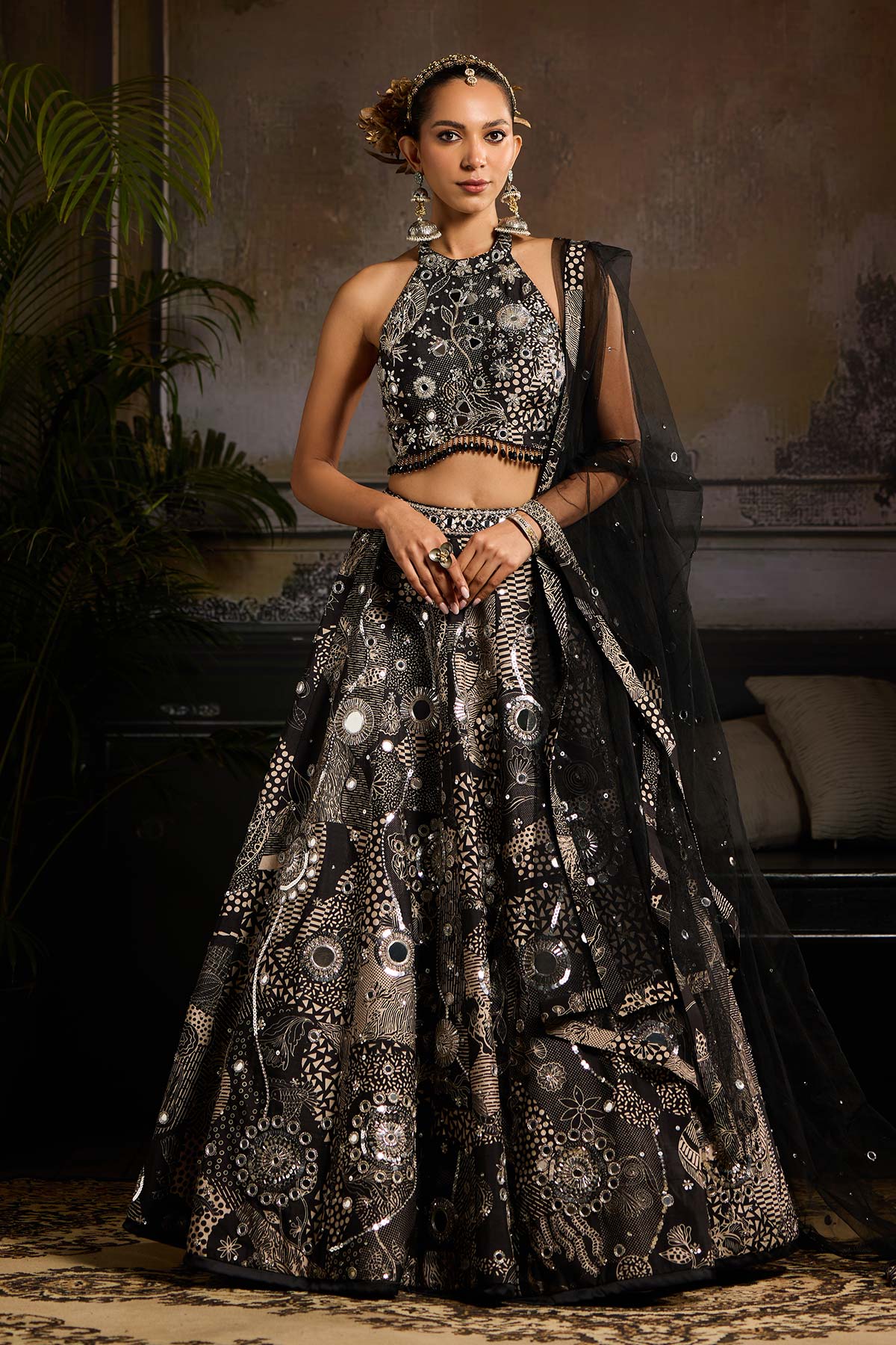 Black Print and Highlighted Lehenga  Set