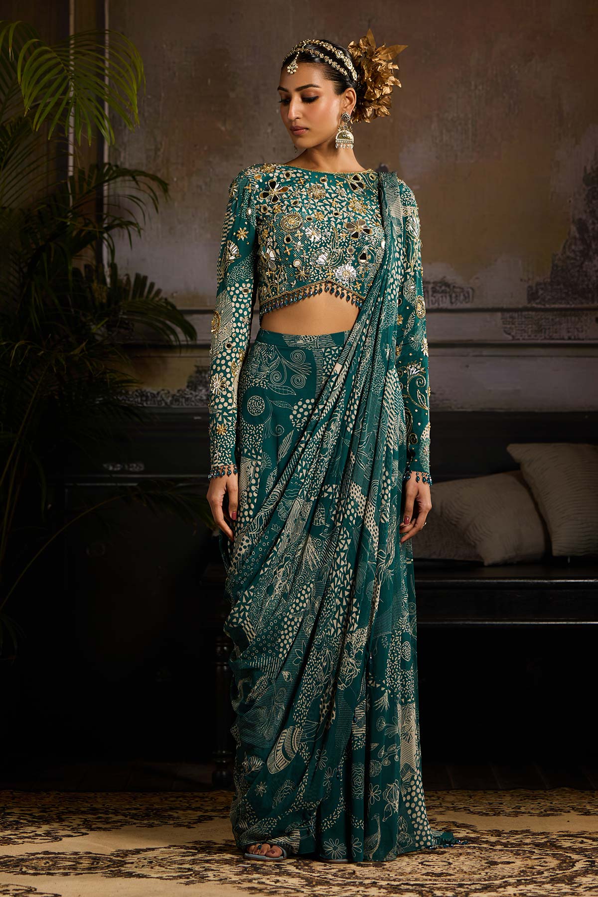 Teal Print and Highlighted Pant Saree Set