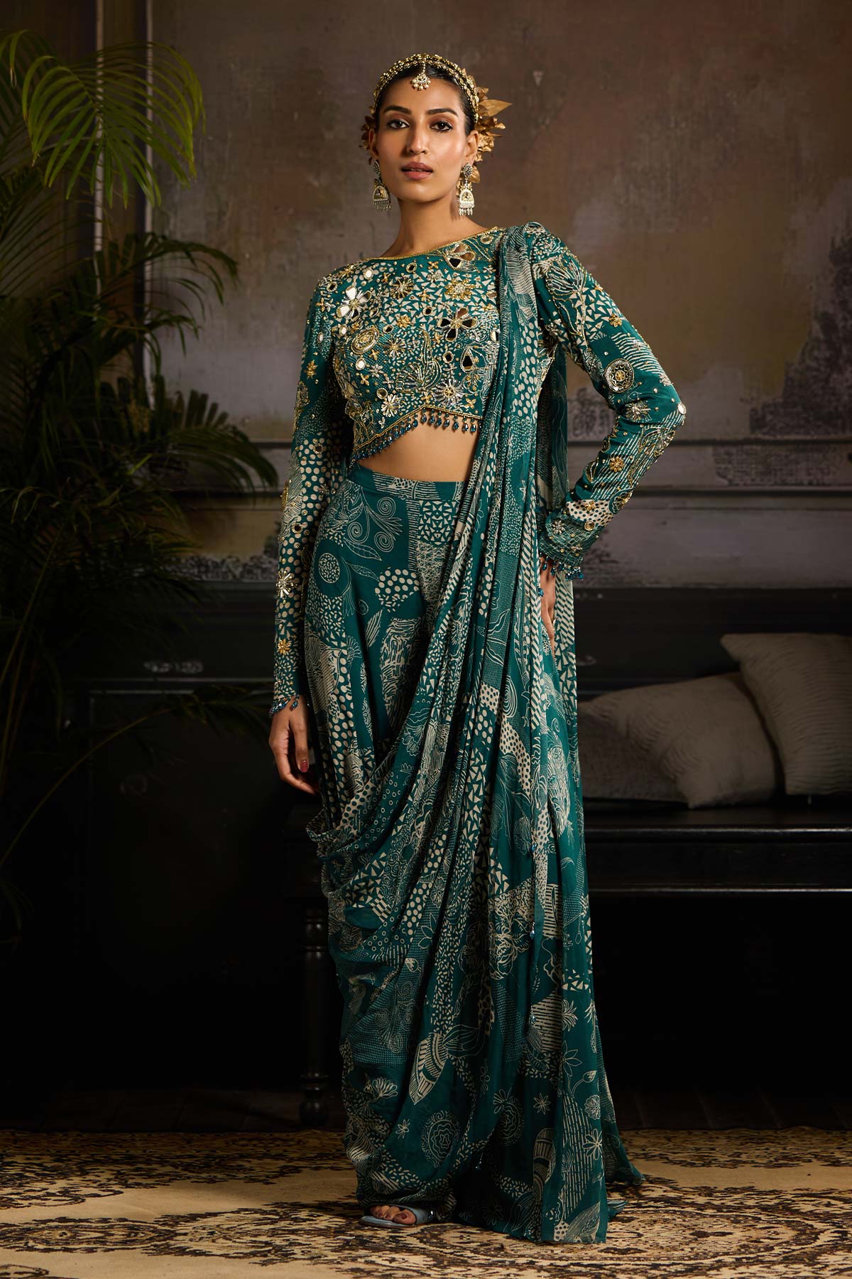 Teal Print and Highlighted Pant Saree Set