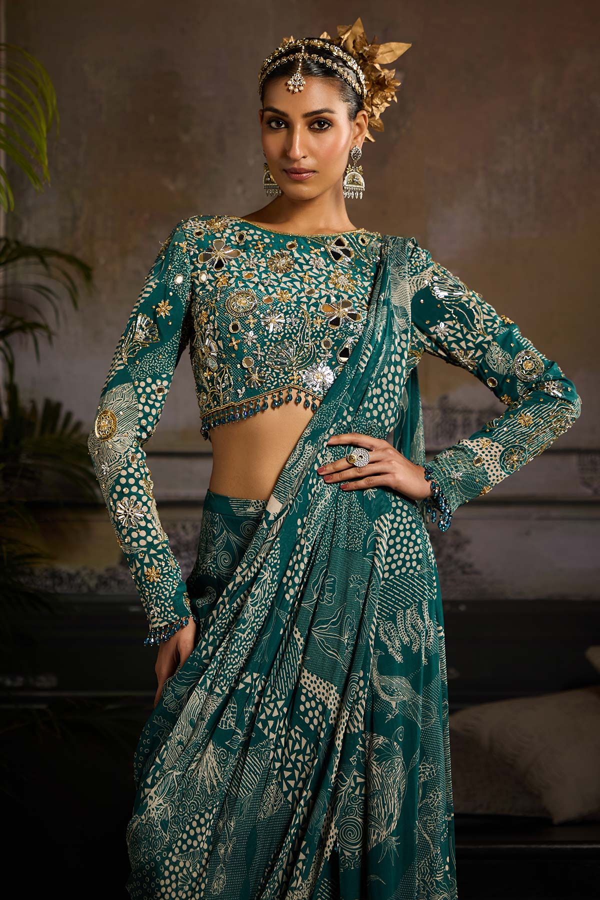 Teal Print and Highlighted Pant Saree Set