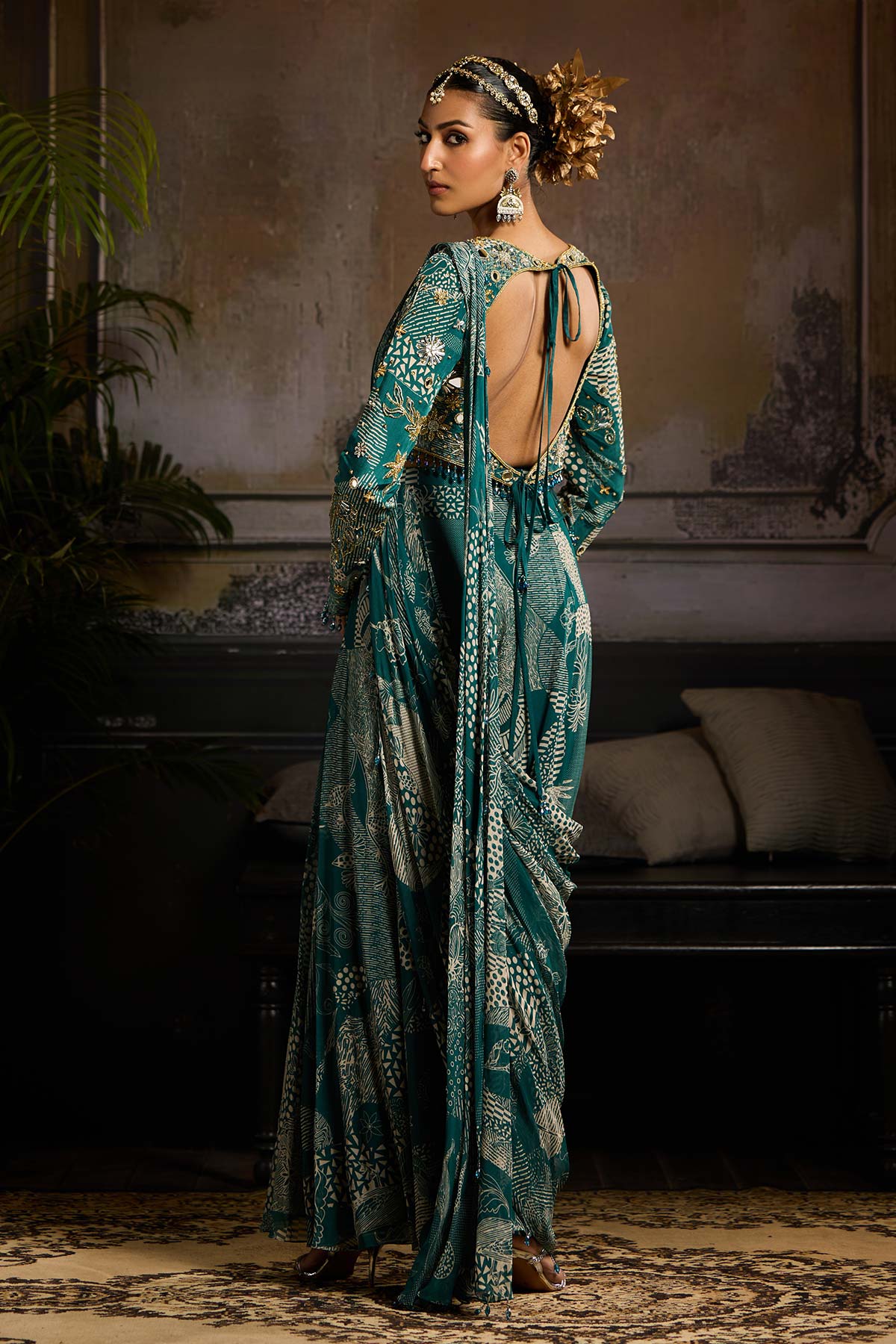 Teal Print and Highlighted Pant Saree Set