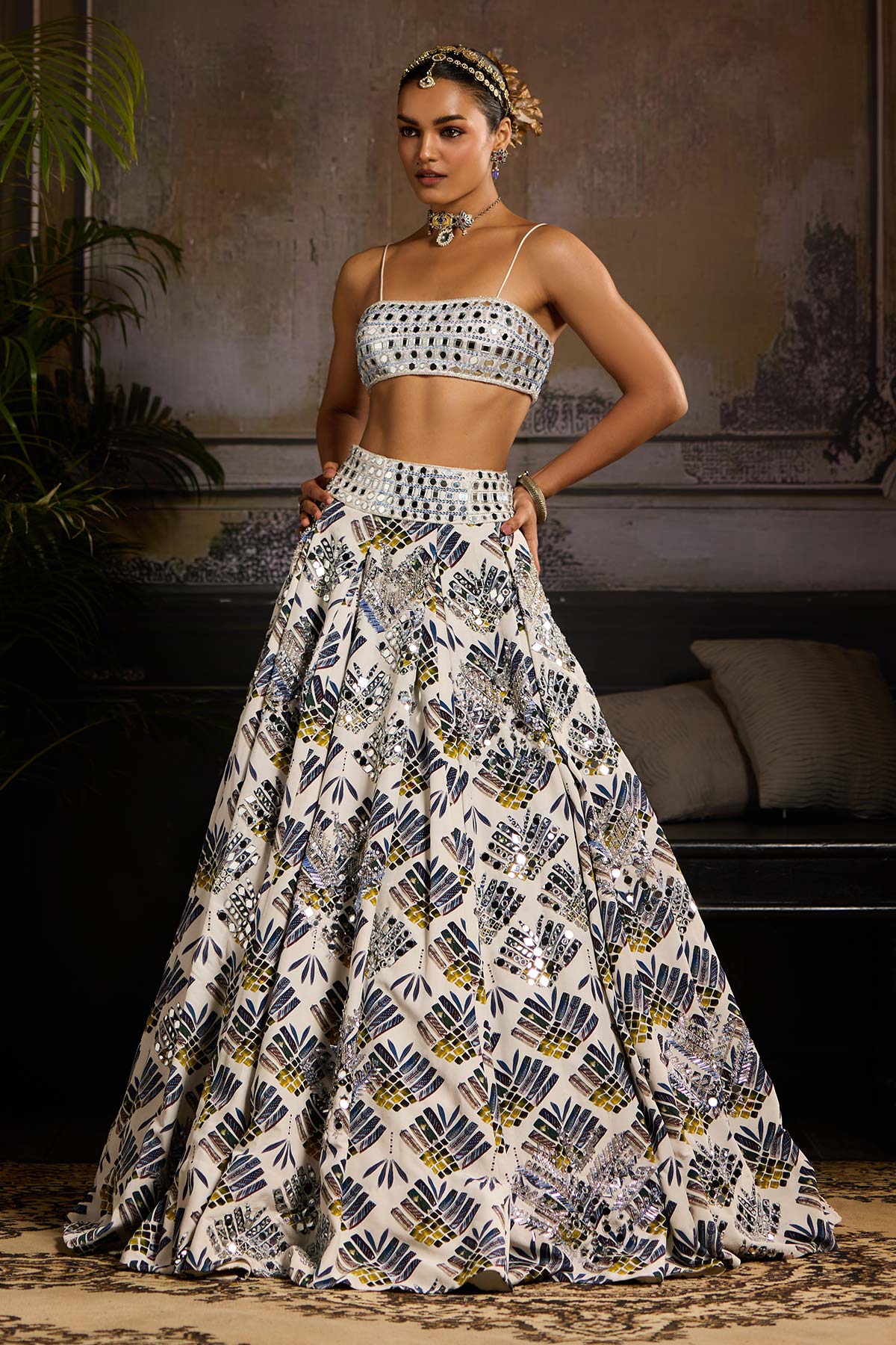 White and Green Print Embellished Lehenga Set