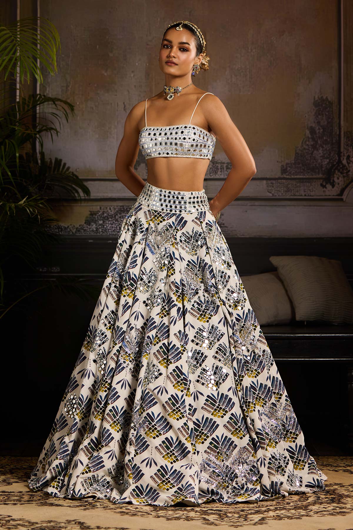 White and Green Print Embellished Lehenga Set