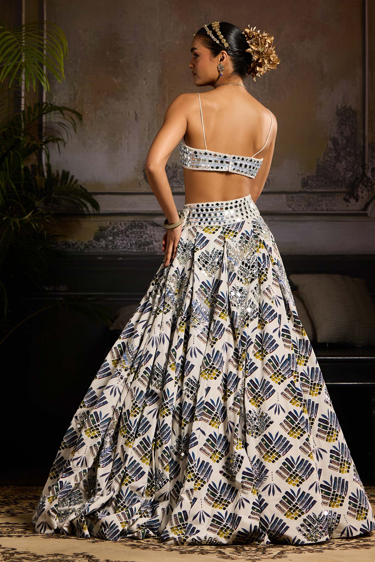 White and Green Print Embellished Lehenga Set