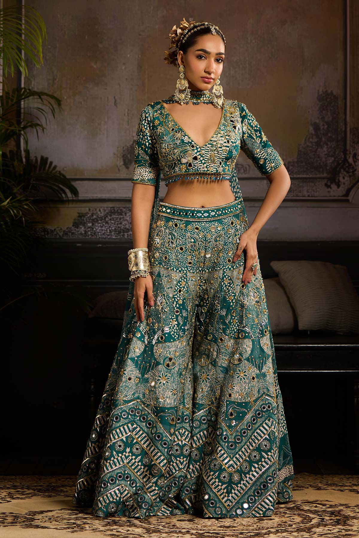 Teal Print and Highlighted Sharara Set