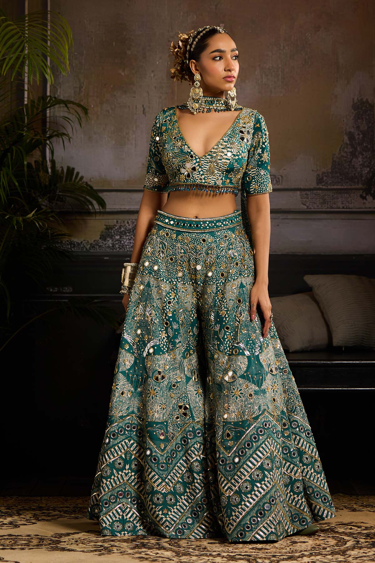 Teal Print and Highlighted Sharara Set