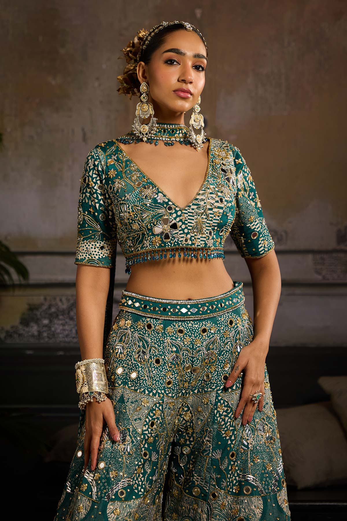 Teal Print and Highlighted Sharara Set