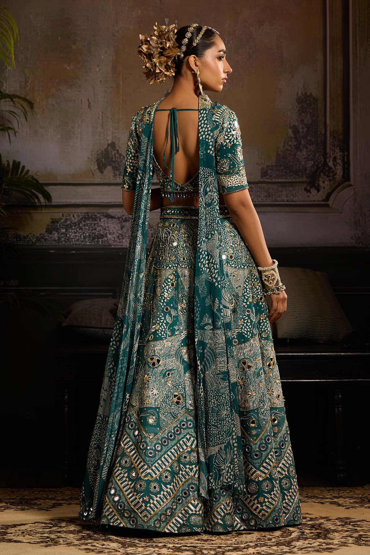 Teal Print and Highlighted Sharara Set