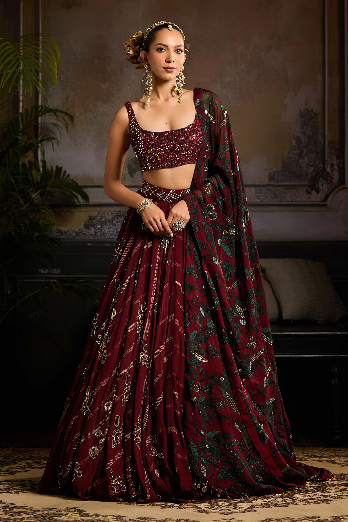 Wine Embroidered Blouse with Print and Highlighted Lehenga Set