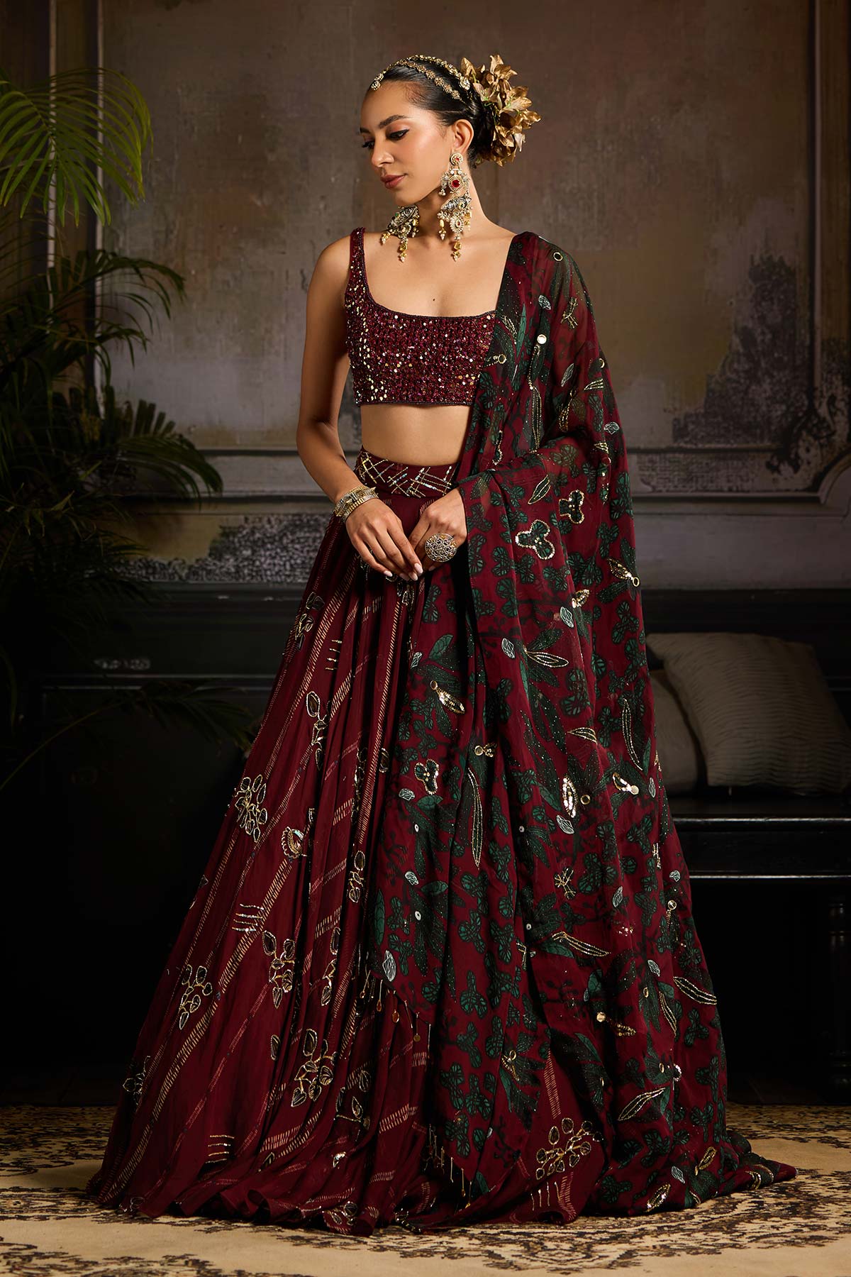 Wine Embroidered Blouse with Print and Highlighted Lehenga Set