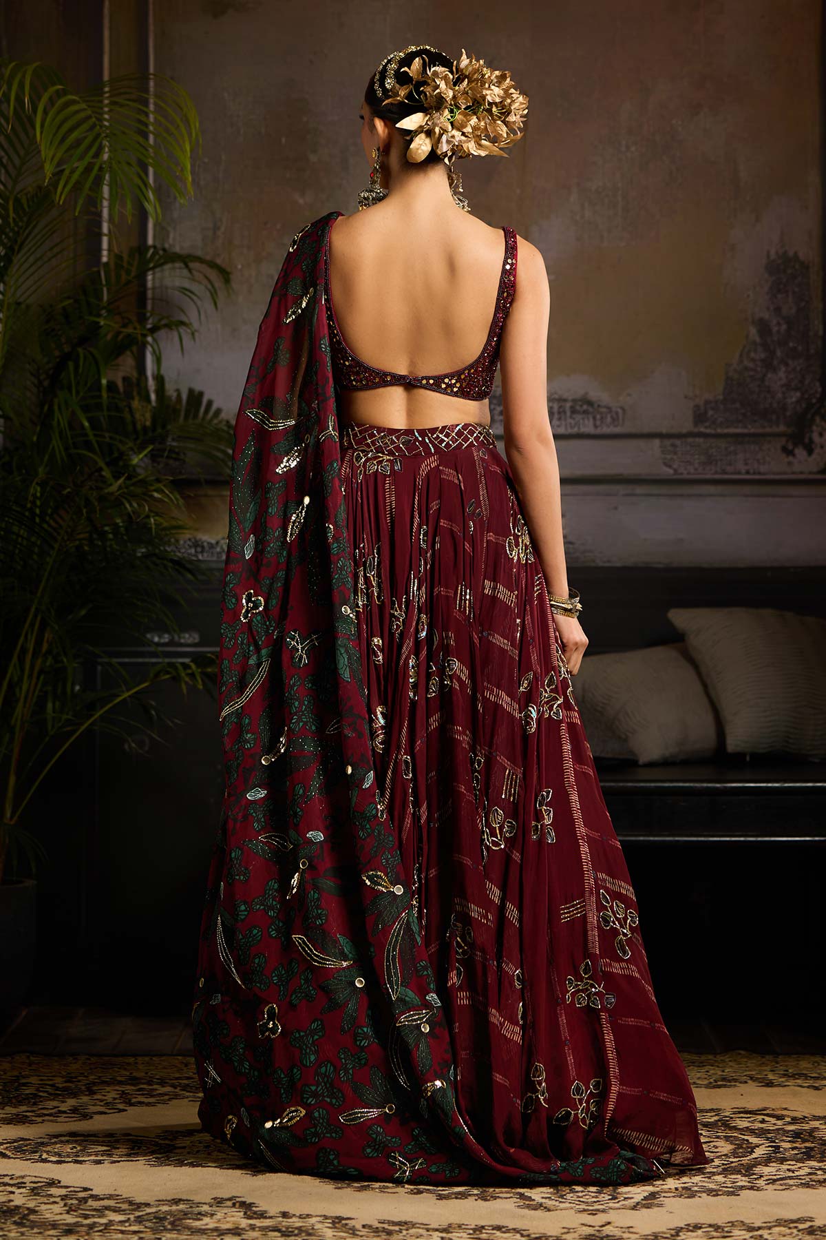 Wine Embroidered Blouse with Print and Highlighted Lehenga Set