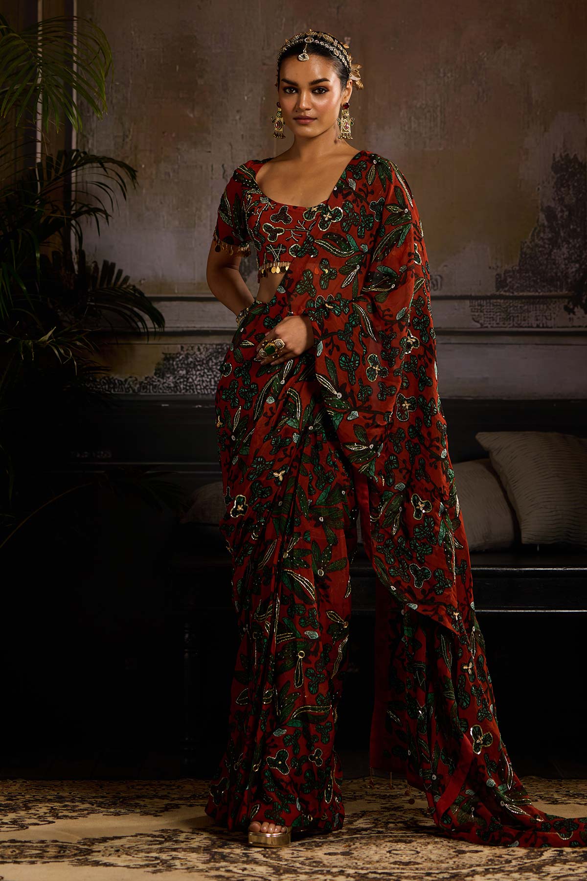 Rust 'print and Highlighted Pre-Draped Saree Set