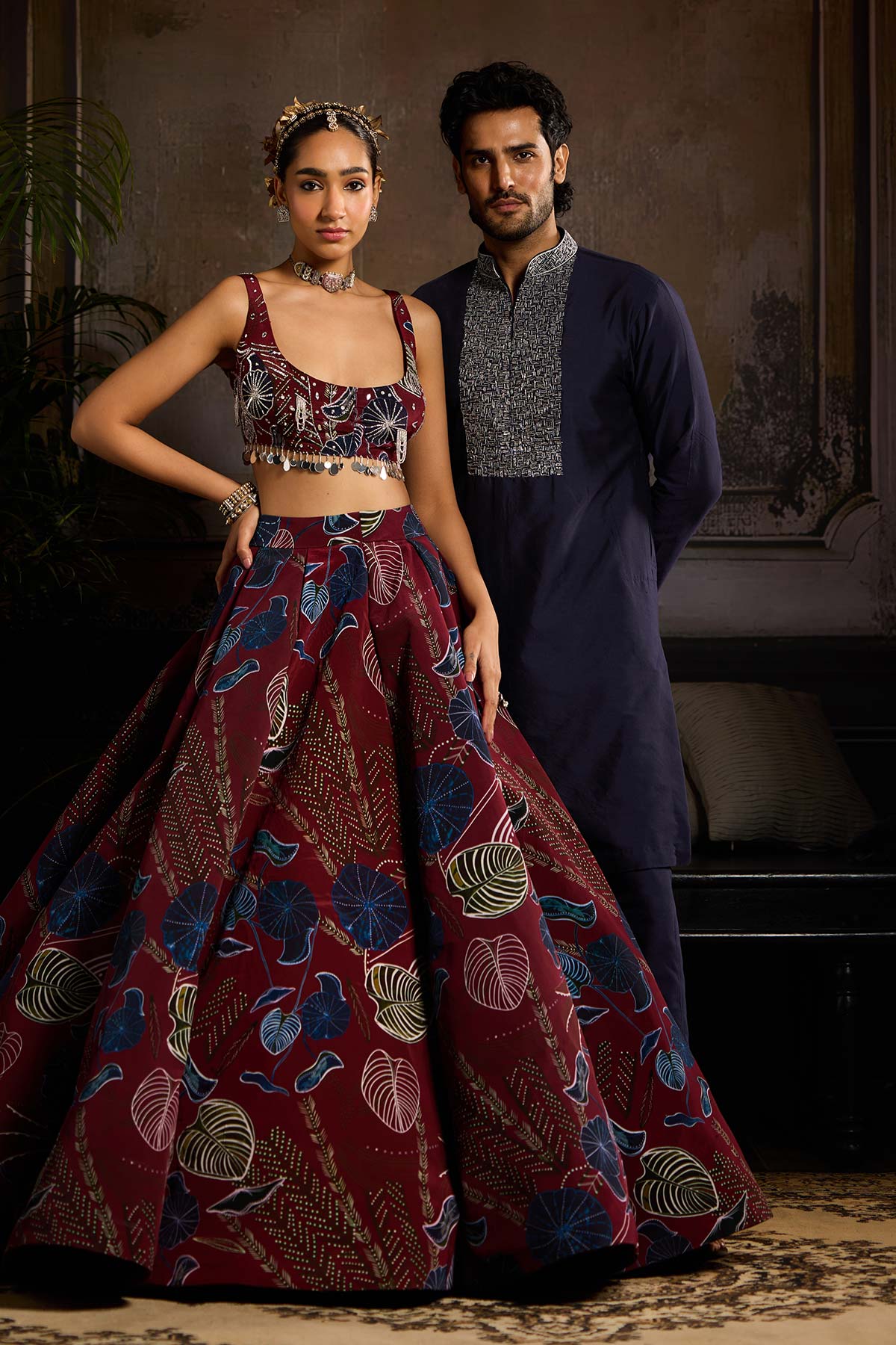 Wine Print and Highlighted Lehenga Set