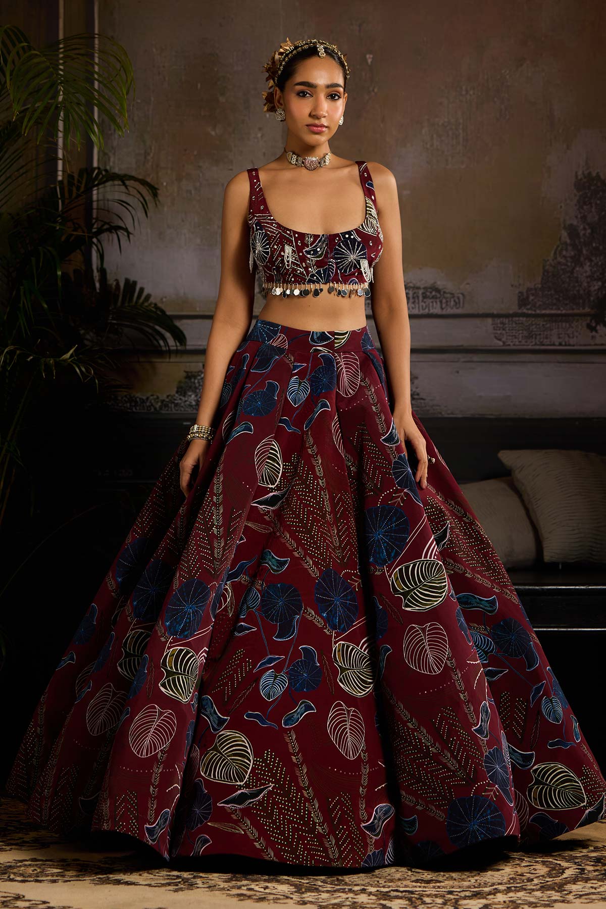 Wine Print and Highlighted Lehenga Set