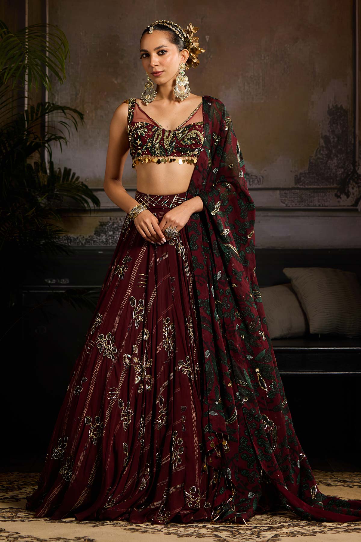 Wine Print and Highlighted Lehenga Set