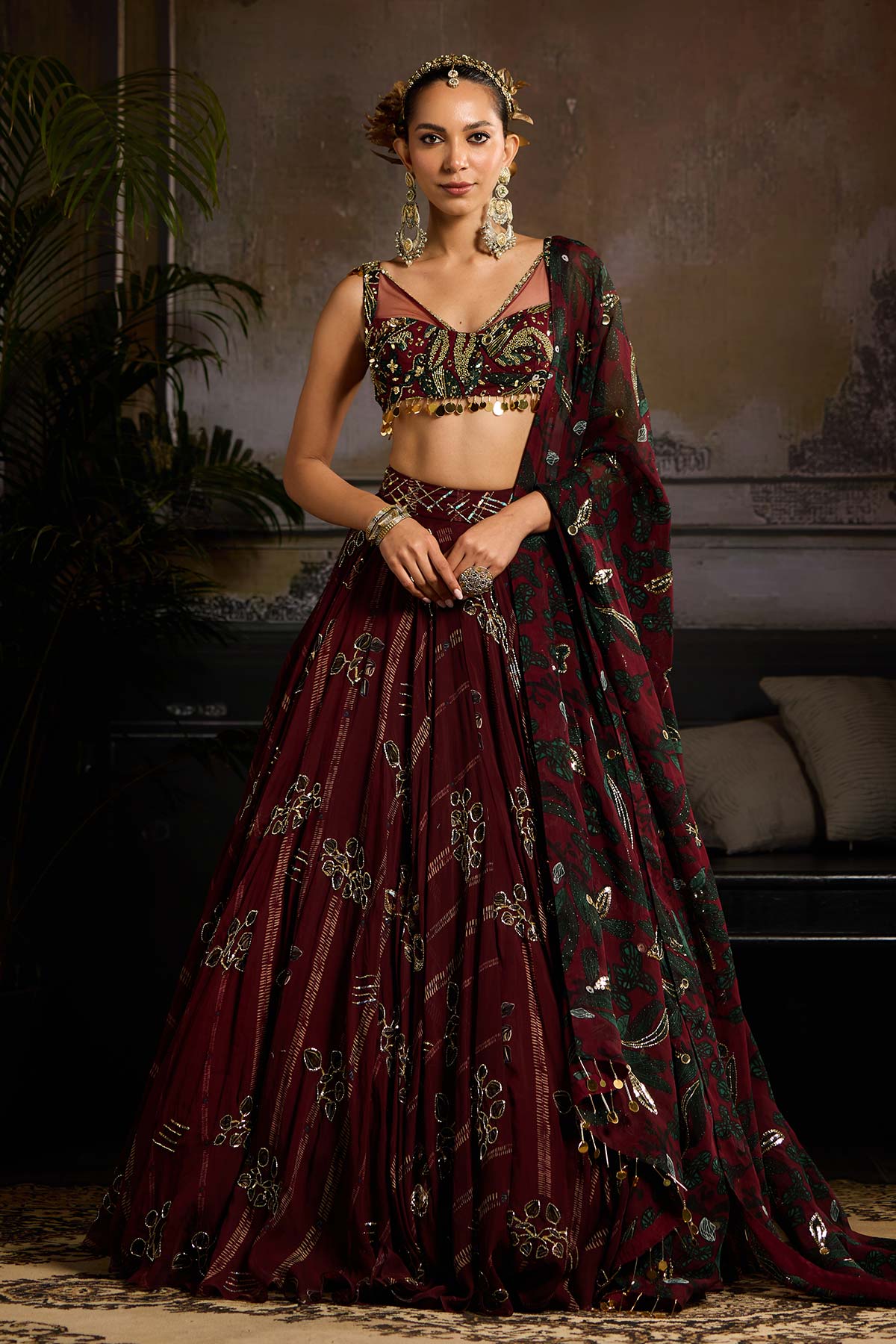 Wine Print and Highlighted Lehenga Set