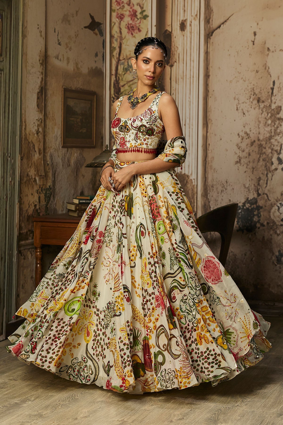 Ivory Print And Highlighted Lehenga Set
