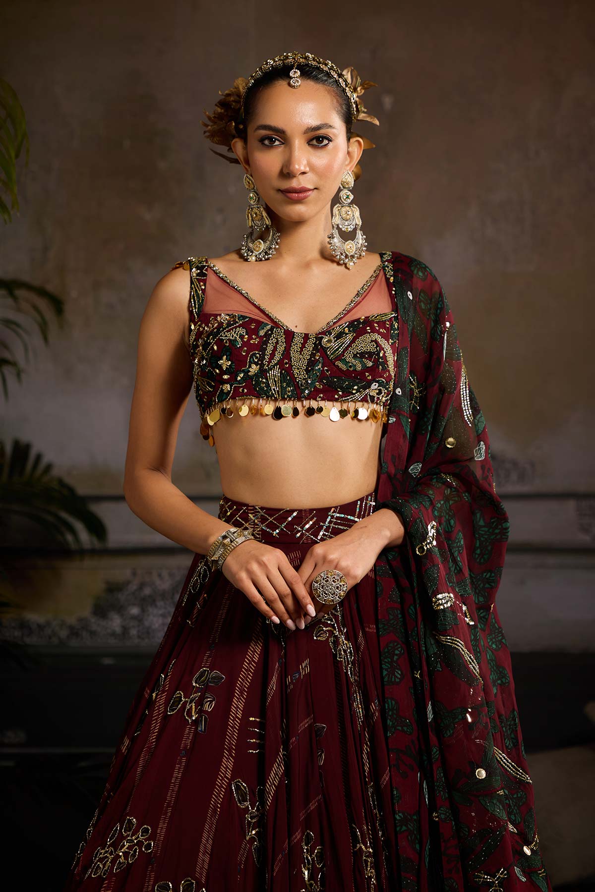 Wine Print and Highlighted Lehenga Set