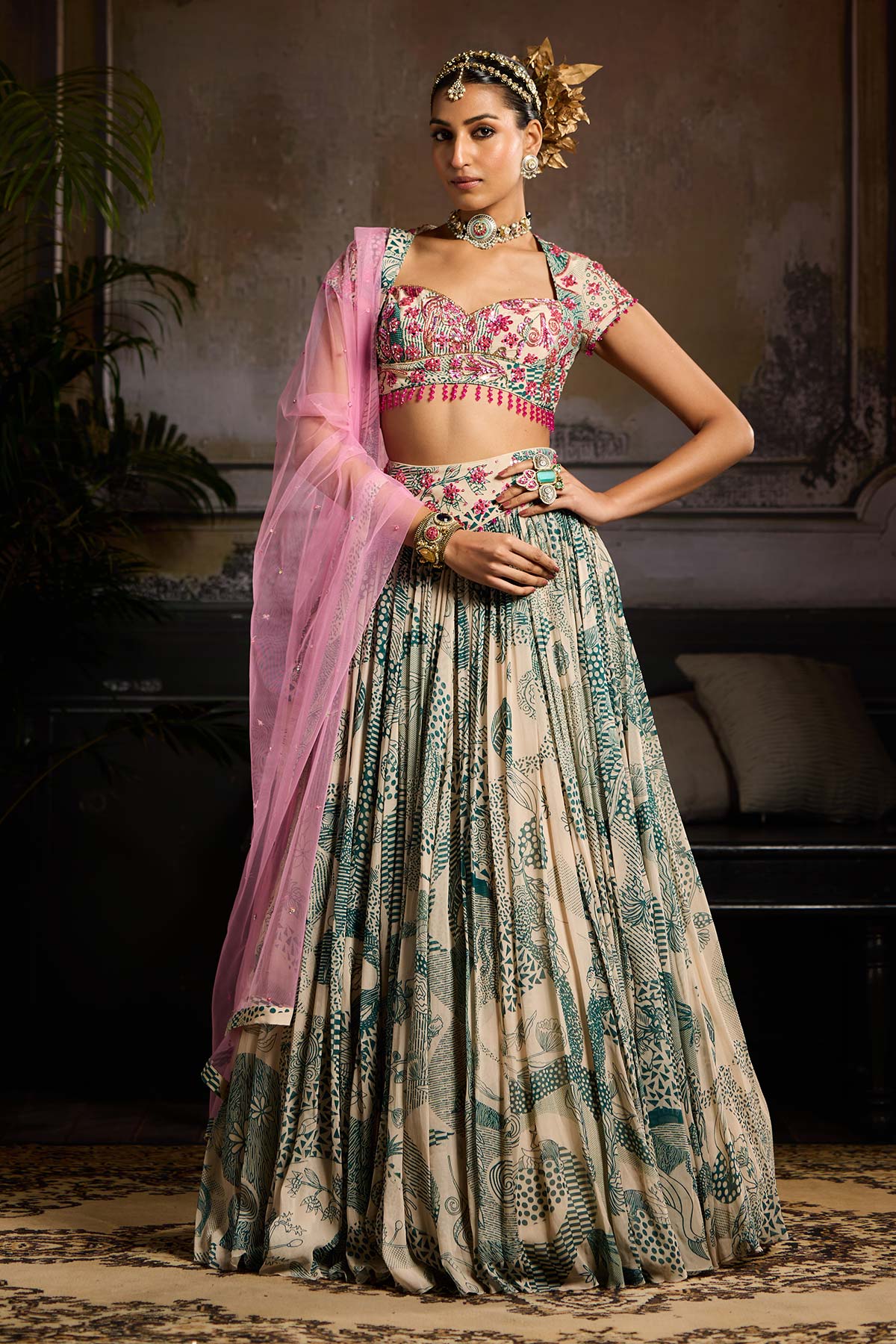 Beige & Teal Print and Highlighted Lehenga Set