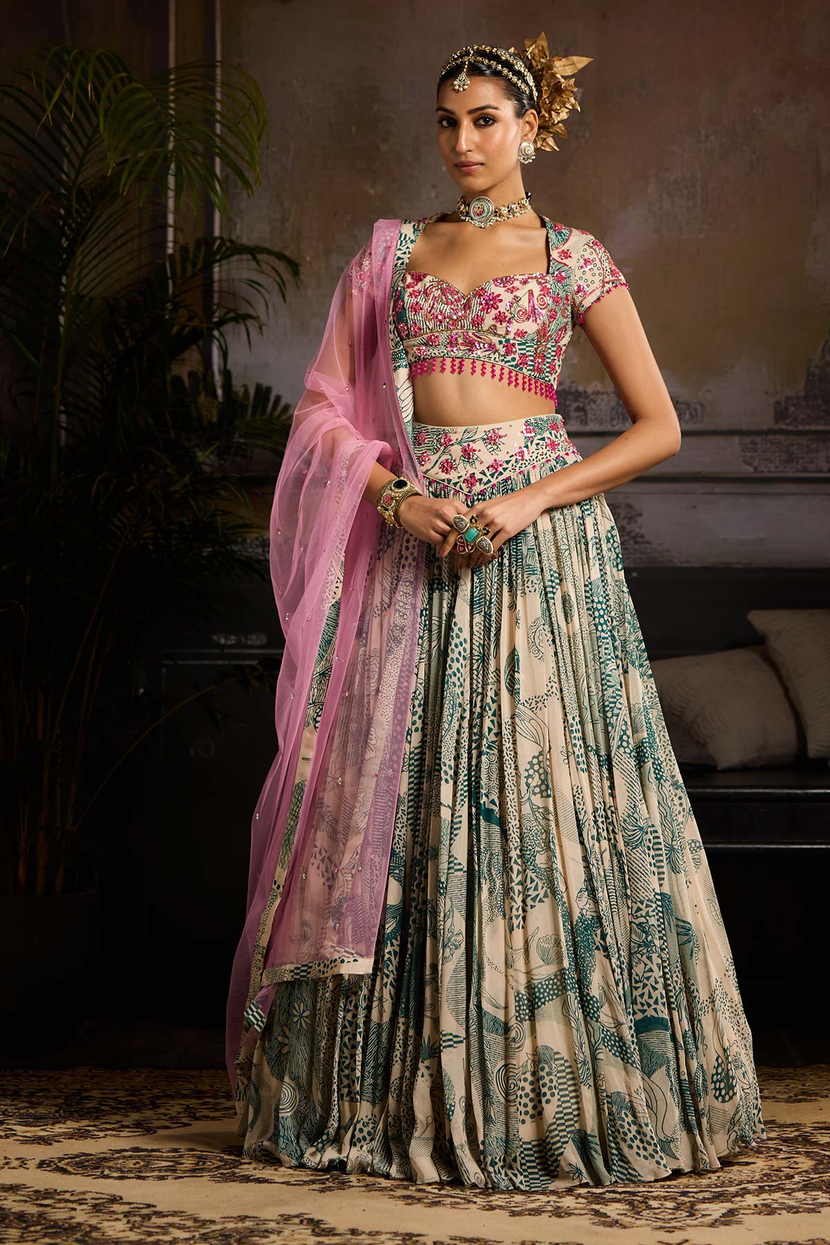 Beige & Teal Print and Highlighted Lehenga Set