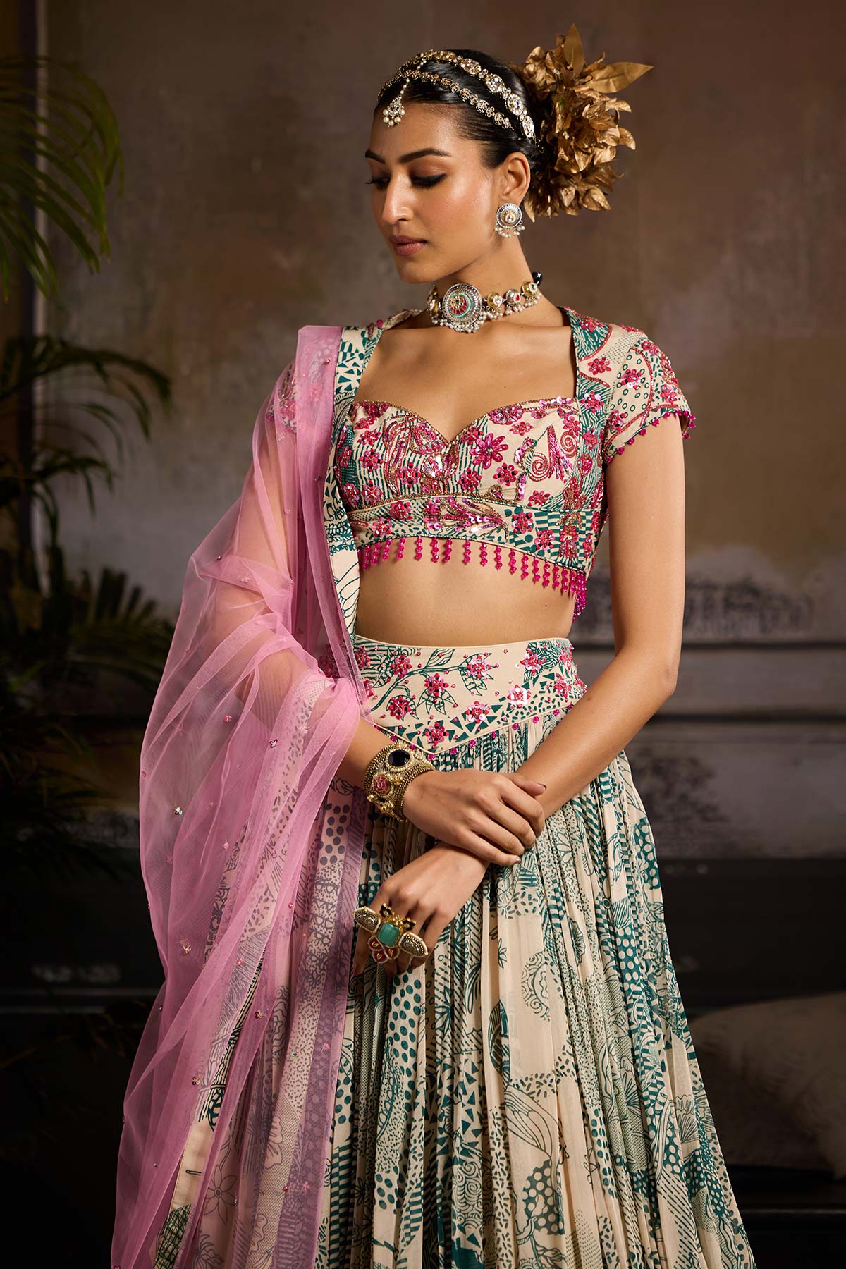 Beige & Teal Print and Highlighted Lehenga Set