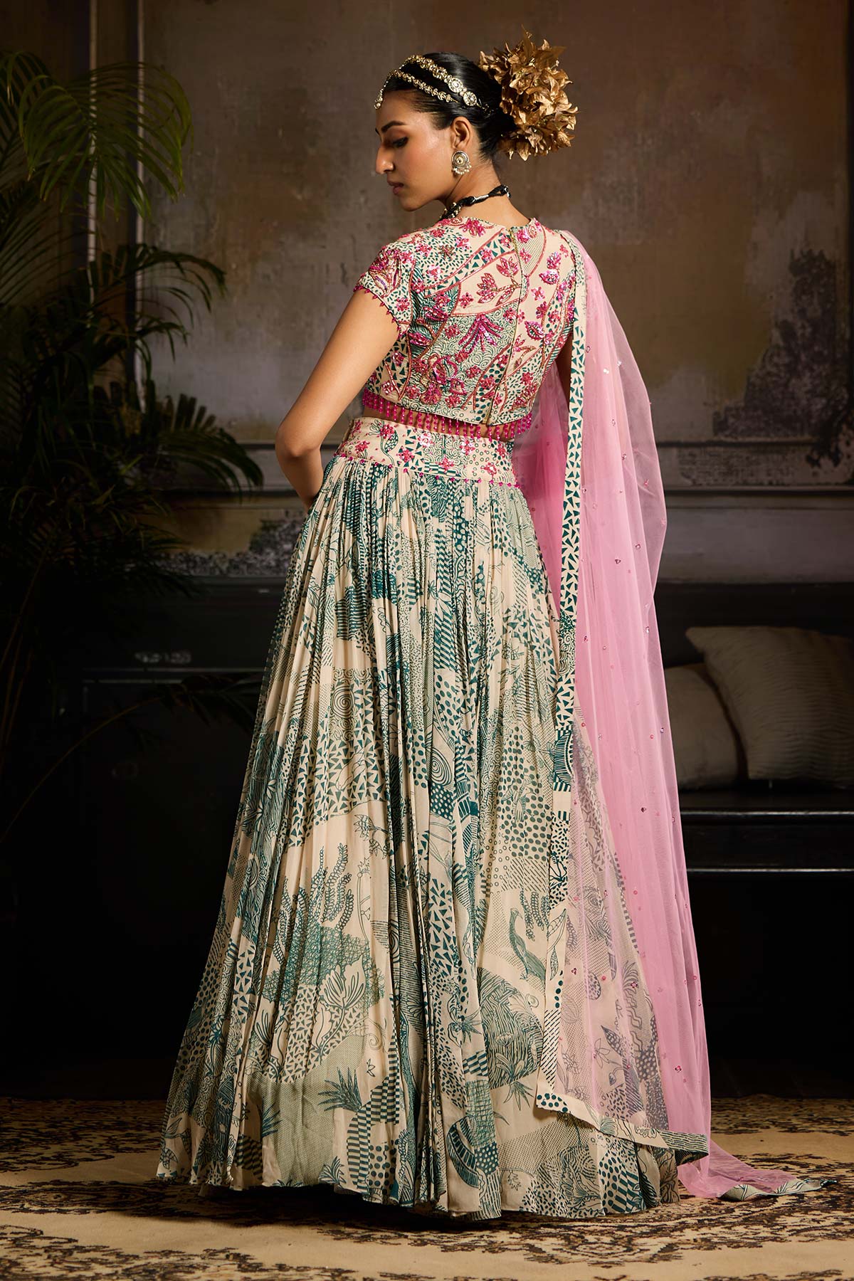 Beige & Teal Print and Highlighted Lehenga Set