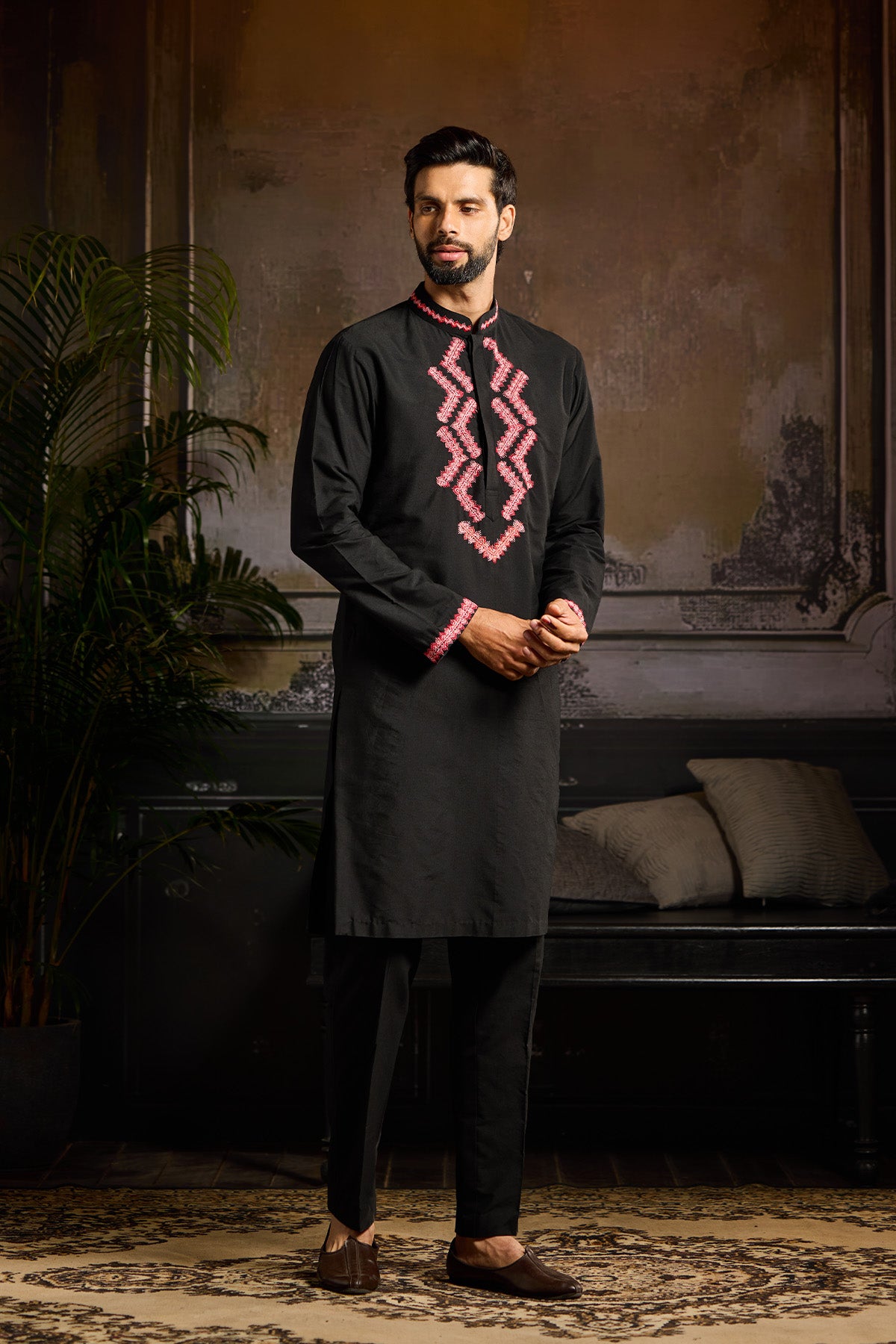 BLACK WITH MAROON  EMBROIDERED KURTA PAIRED WITH BLACK PANTS