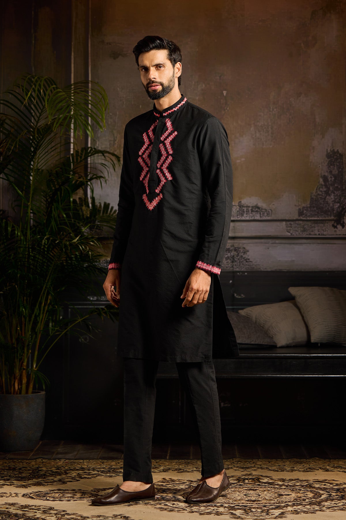 BLACK WITH MAROON  EMBROIDERED KURTA PAIRED WITH BLACK PANTS