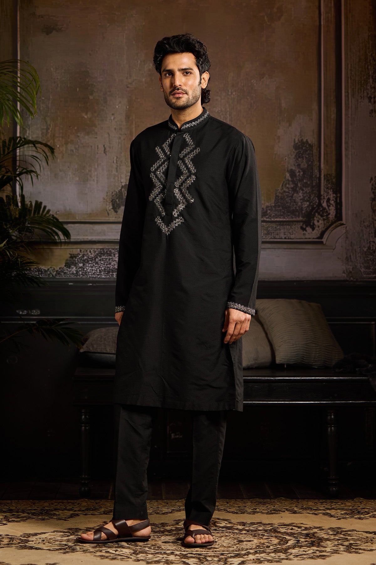 BLACK GUNMETAL EMBROIDERED KURTA PAIRED WITH BLACK  PANTS