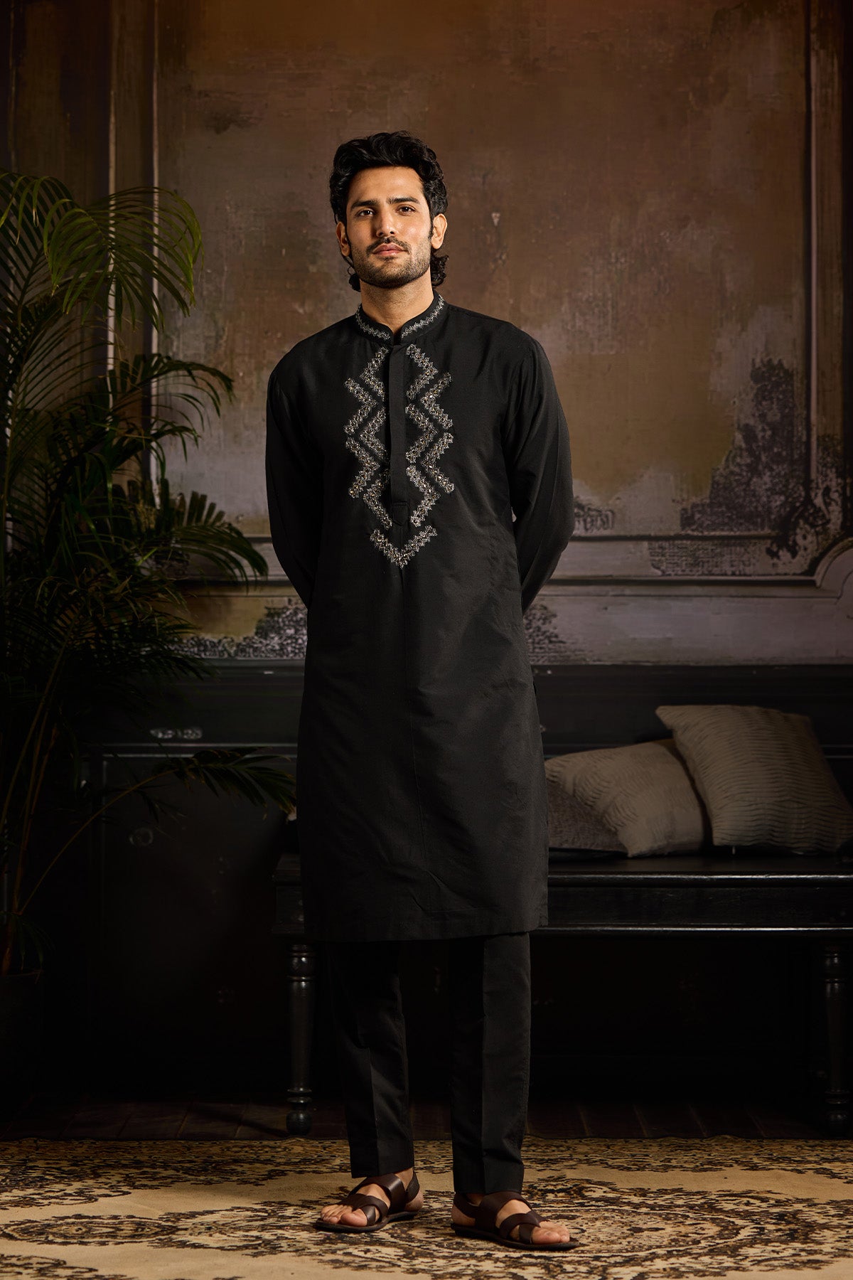 BLACK GUNMETAL EMBROIDERED KURTA PAIRED WITH BLACK  PANTS