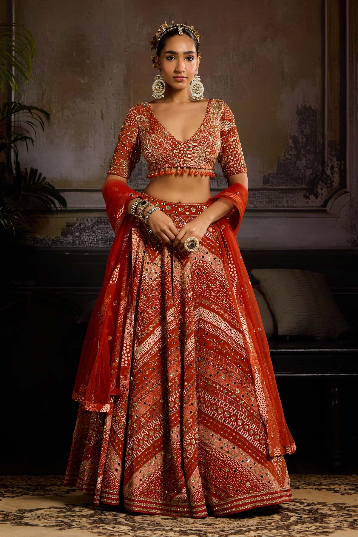 Rust Print and Highlighted Lehenga Set