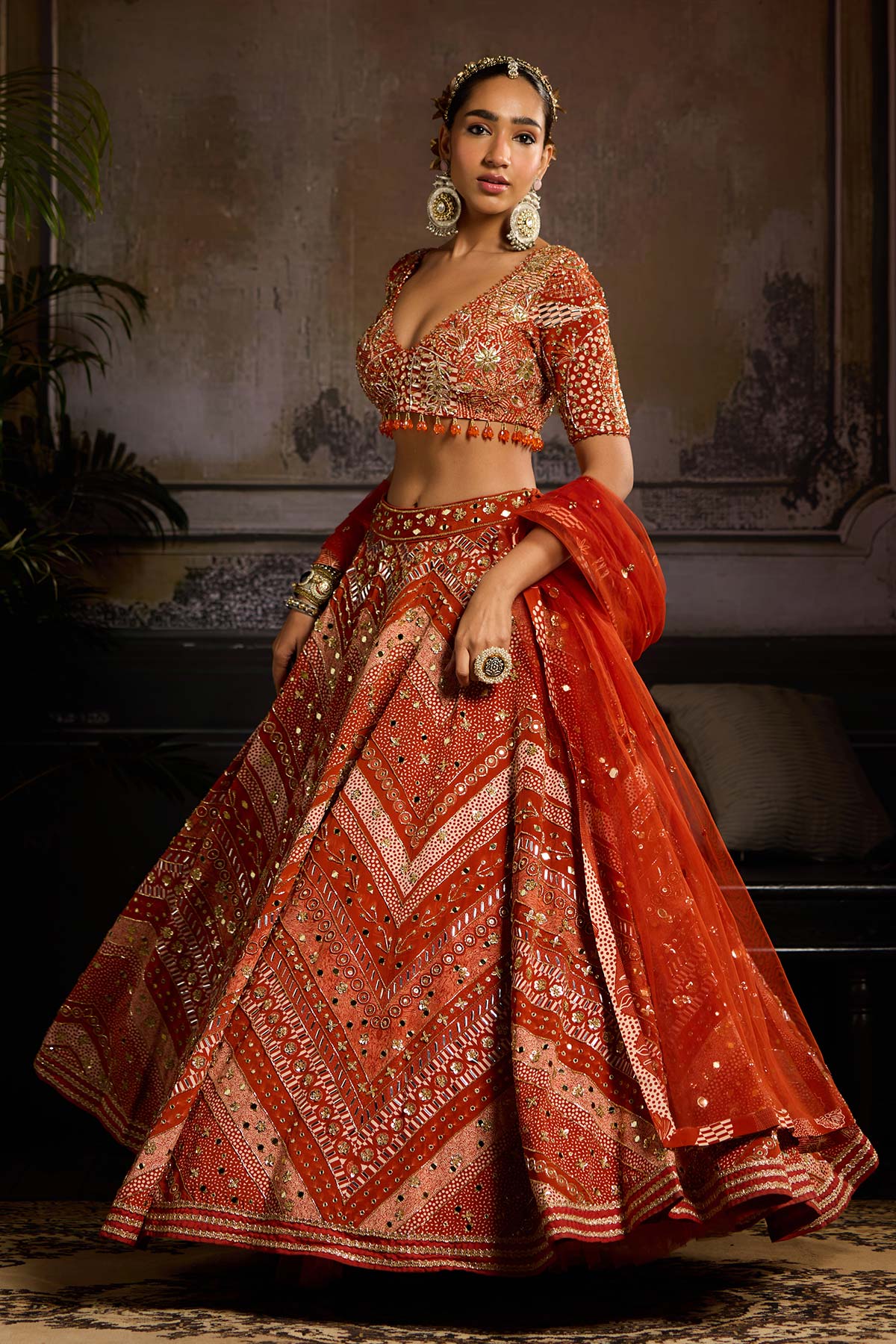 Rust Print and Highlighted Lehenga Set