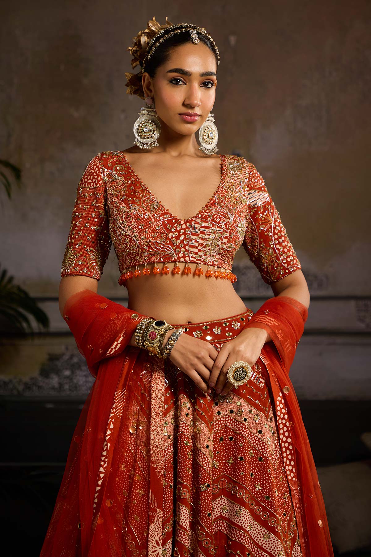 Rust Print and Highlighted Lehenga Set