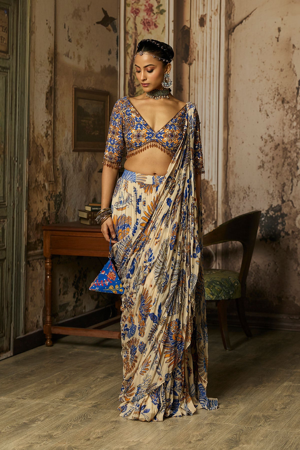 Ivory Printed And Highlighted Sharara Pants Saree Set