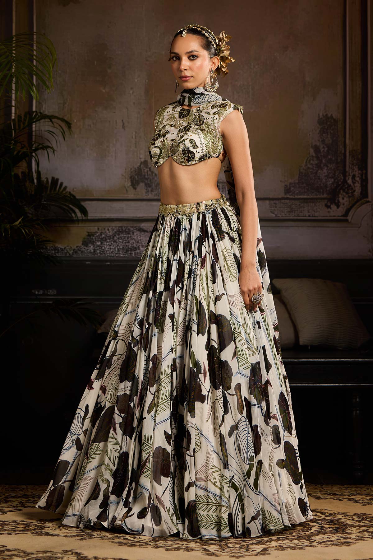 White and Green Print and Highlighted Lehenga Set