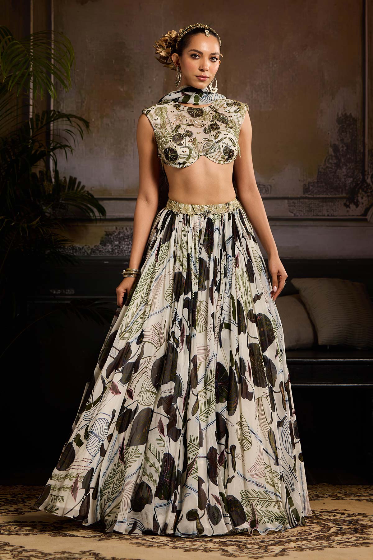 White and Green Print and Highlighted Lehenga Set