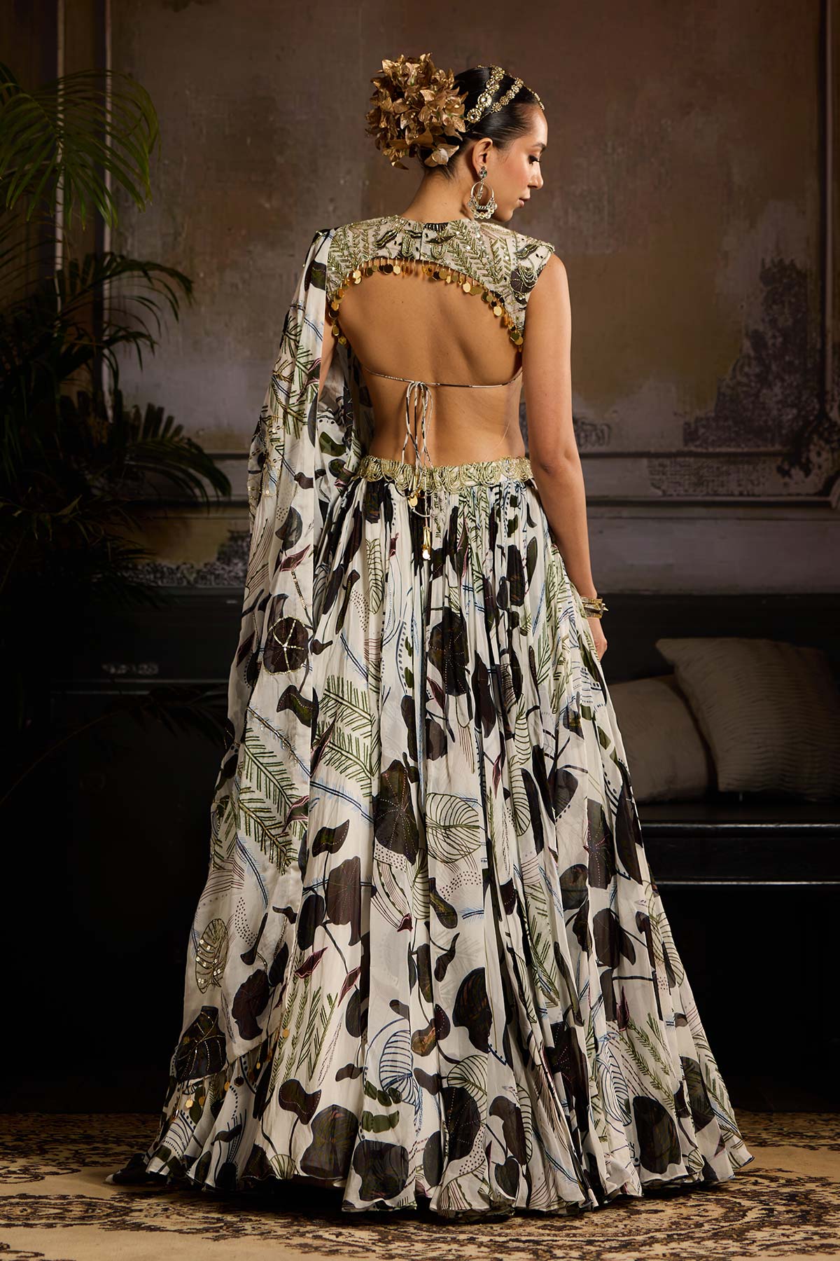 White and Green Print and Highlighted Lehenga Set