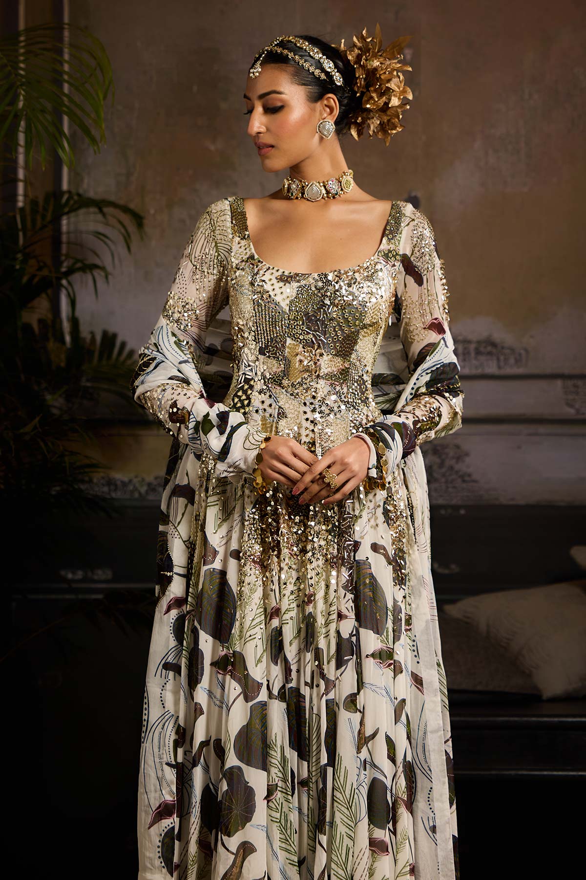 White and Green Print and Highlighted Anarkali Set