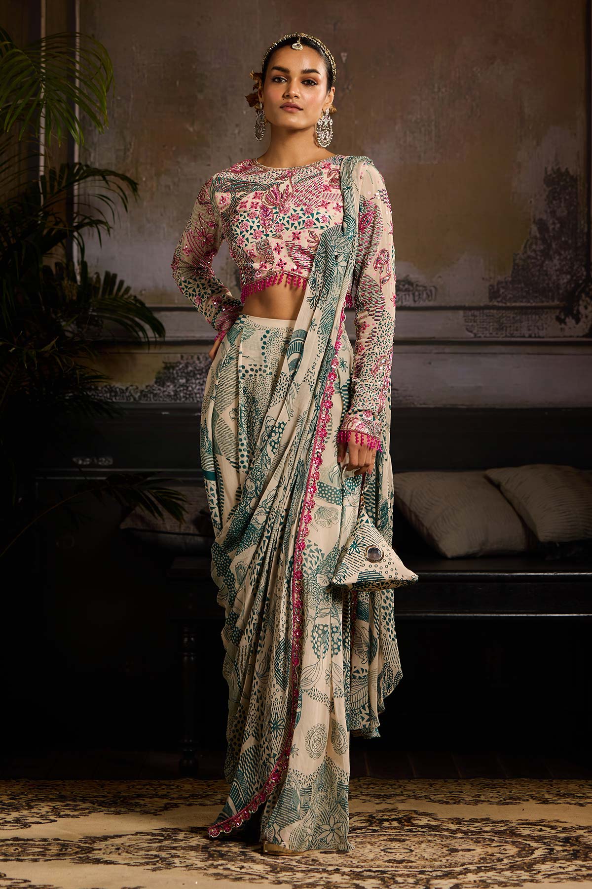 Beige & Teal Print and Highlighted Skirt Saree Set