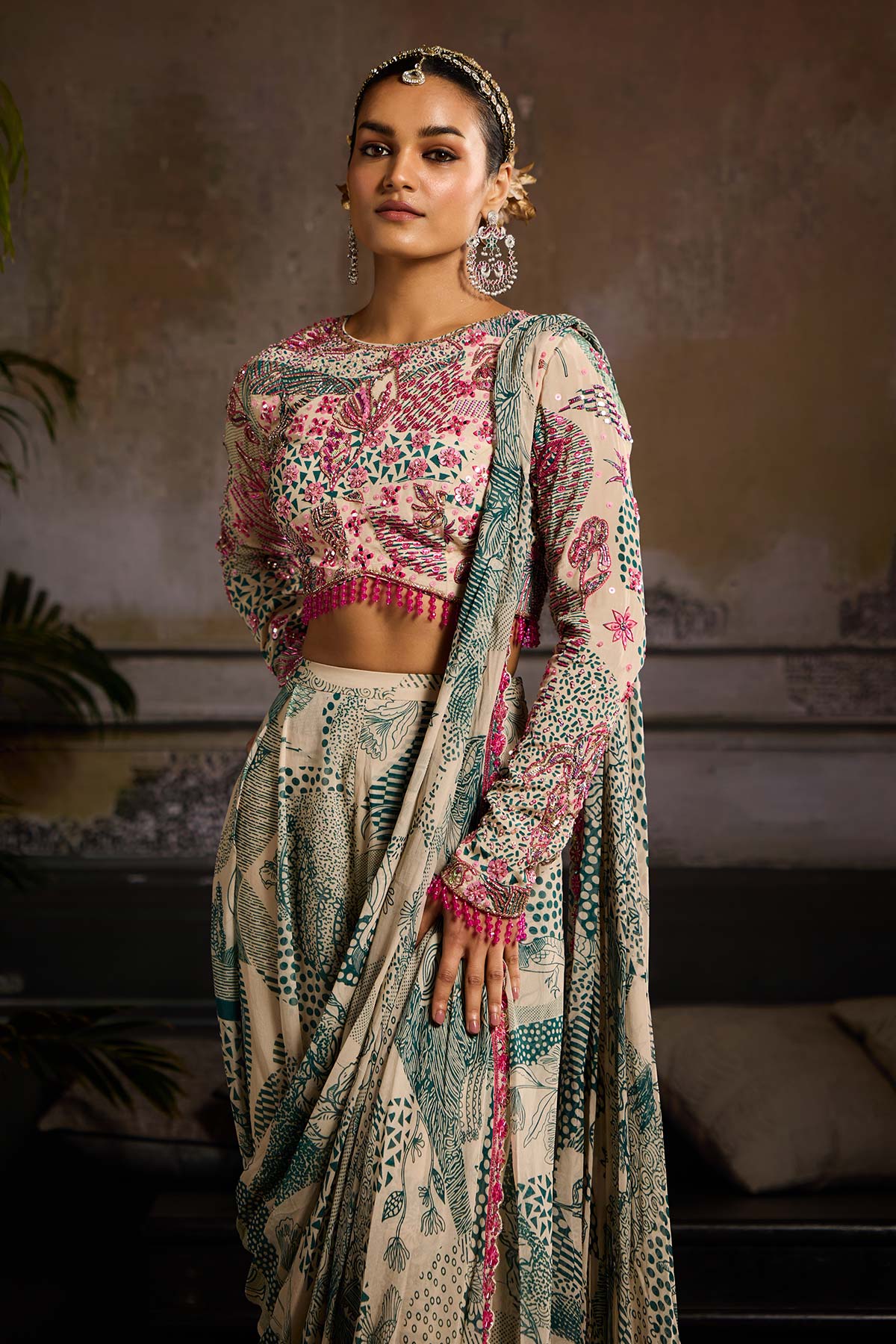 Beige & Teal Print and Highlighted Skirt Saree Set