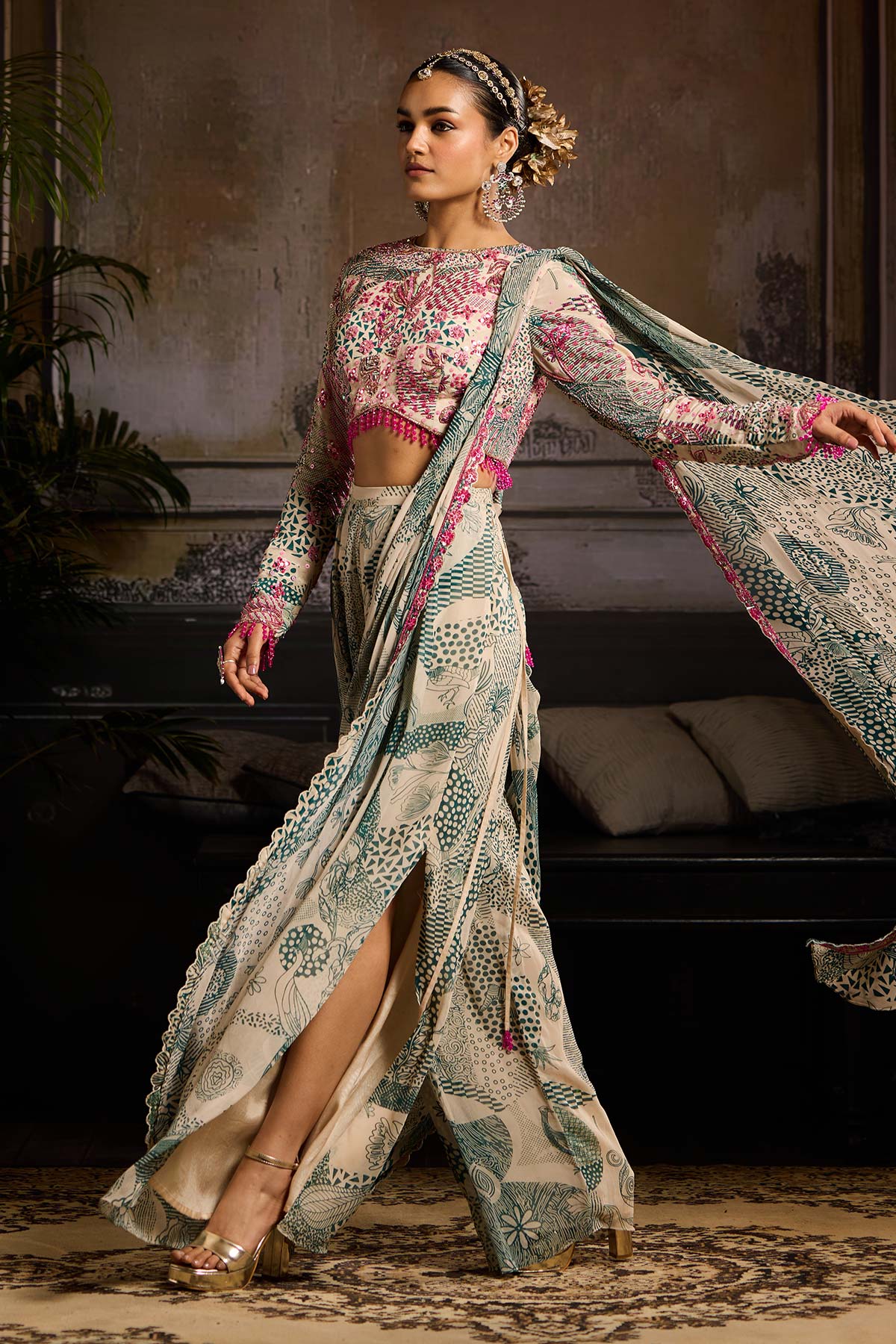 Beige & Teal Print and Highlighted Skirt Saree Set