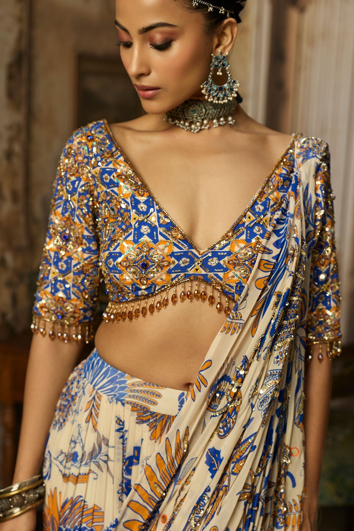 Ivory Printed And Highlighted Sharara Pants Saree Set