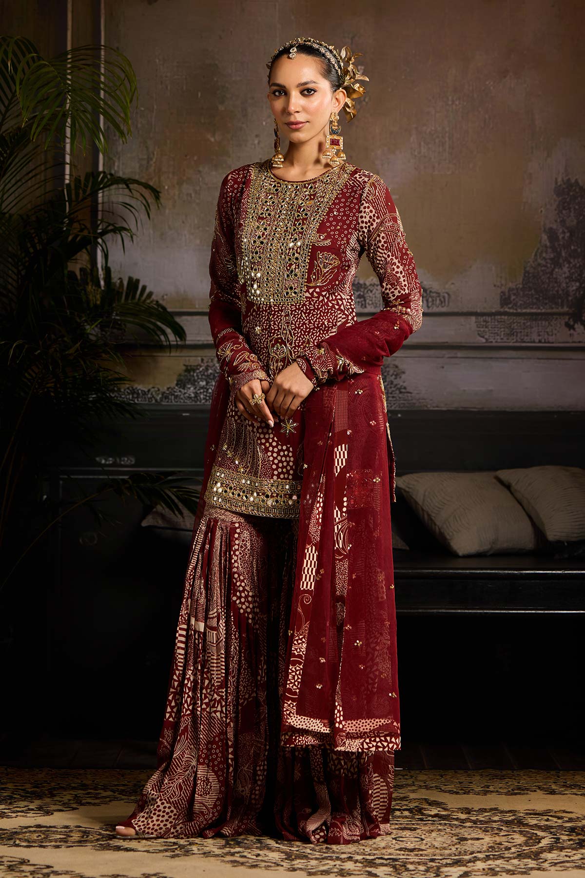 Maroon Print and Highlighted Kurti  Set