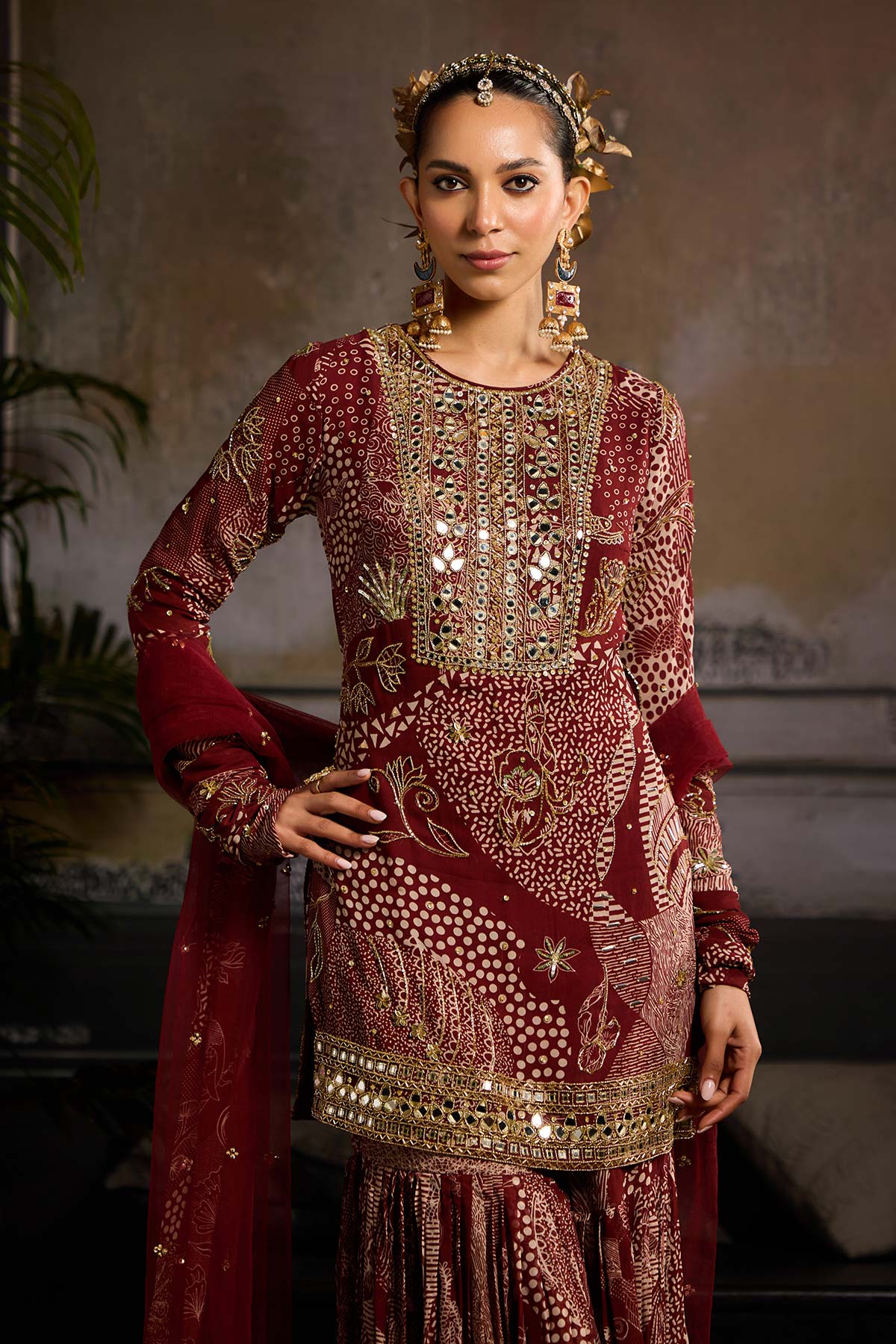 Maroon Print and Highlighted Kurti  Set